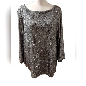 NWT Ann Taylor Size XL pewter/blue-gray sequinned long sleeve top